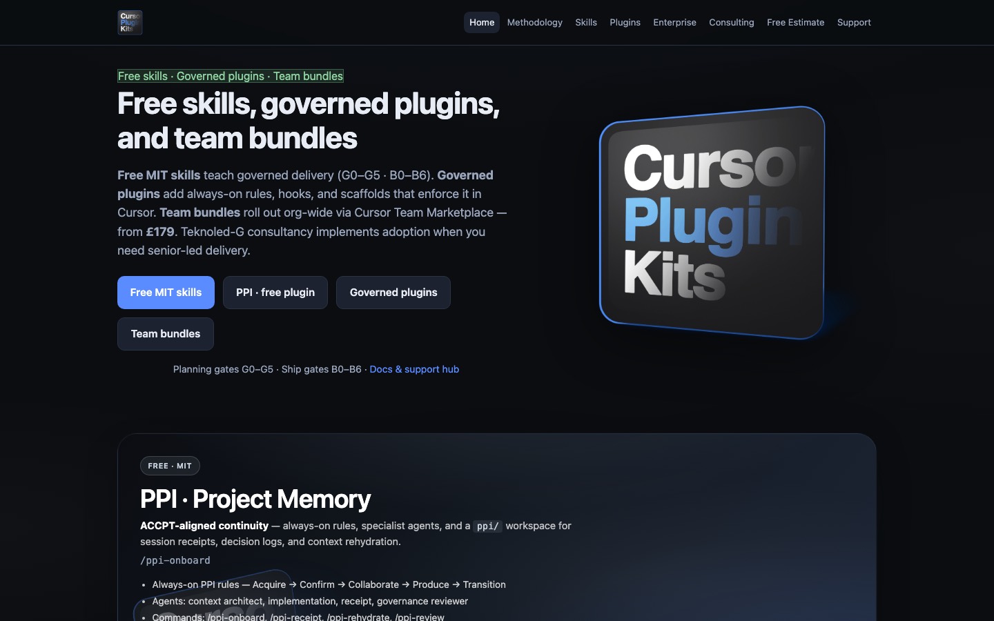 cursorpluginkits.com homepage — free skills, governed plugins, team bundles